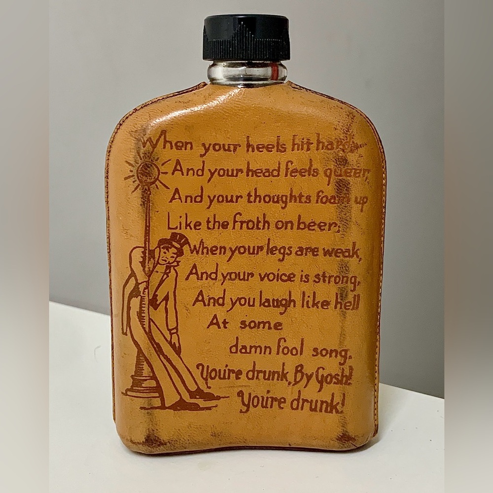 1940s Vintage Illustrated Leather Clad Glass Novelty Booze Liquor Hip Flask
